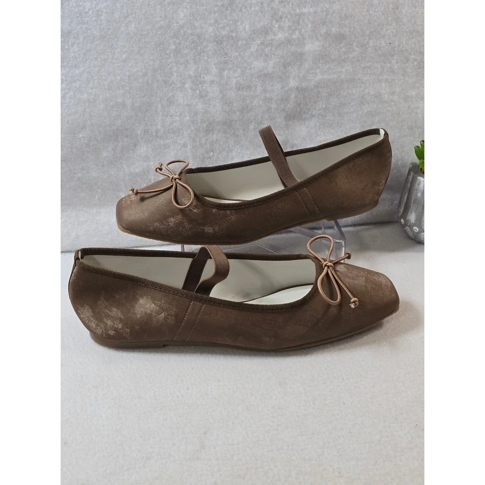 Oasis Society Brown Velvet Ballet Flats Mary Jane Vegan Leather Bow Shoes US 8.5